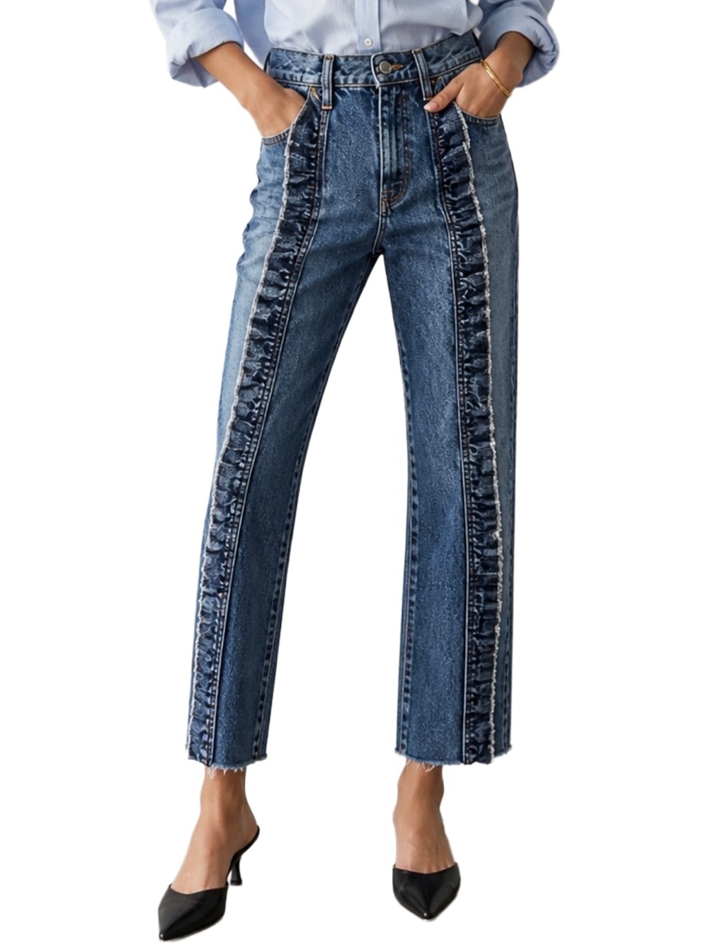 Carmar Ruffle Side Panel Straight Leg Jeans Womens 27 High Rise